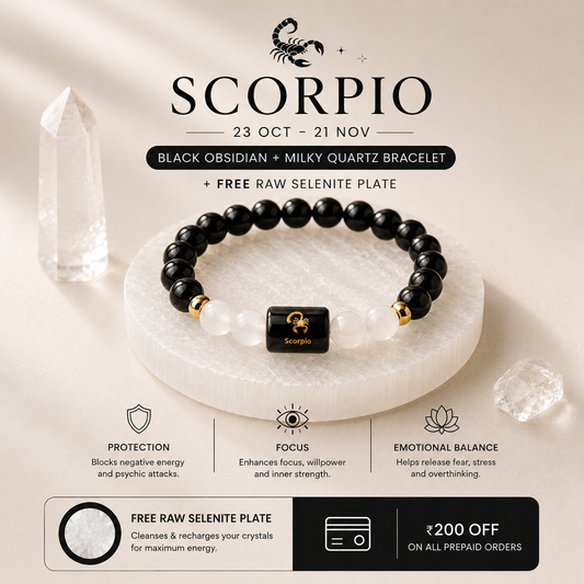Scorpio/ Vrishchik Rashi Zodiac (Black Obsidian & Milky Quartz Bracelet)