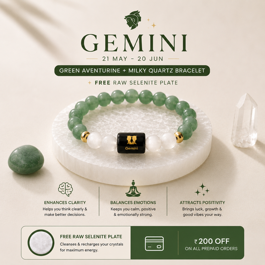 Gemini (Mithun Rashi) Zodiac Green Aventurine & Milky Quartz Bracelet