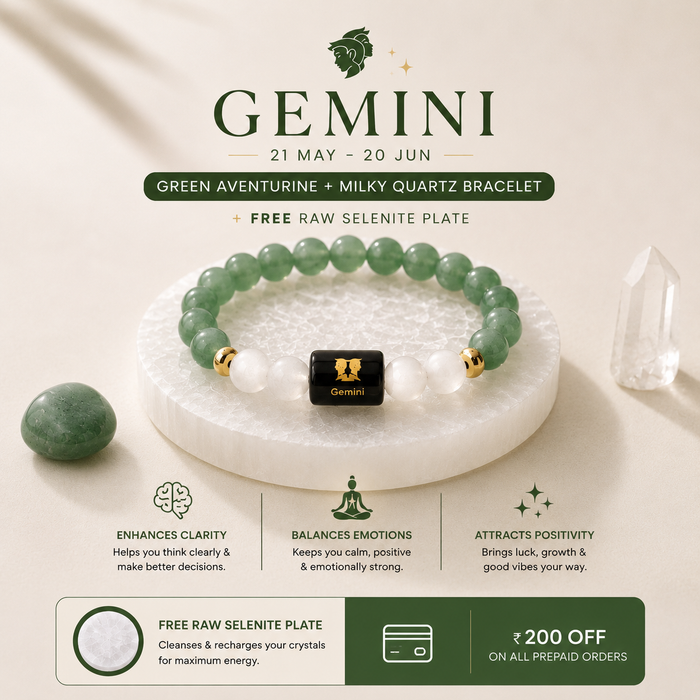Gemini (Mithun Rashi) Zodiac Green Aventurine & Milky Quartz Bracelet