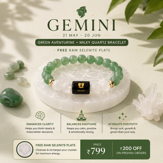 Gemini (Mithun Rashi) Zodiac Green Aventurine & Milky Quartz Bracelet