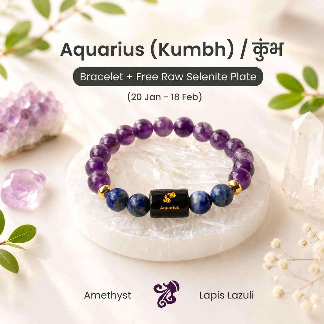 Aquarius (कुंभ राशि) Zodiac Amethyst & Lapis Lazuli Bracelet