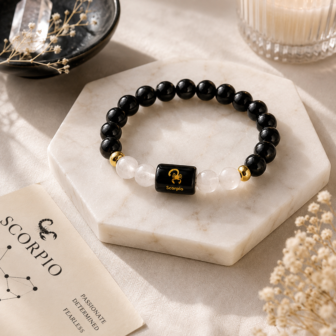 Scorpio/ Vrishchik Rashi Zodiac (Black Obsidian & Milky Quartz Bracelet)